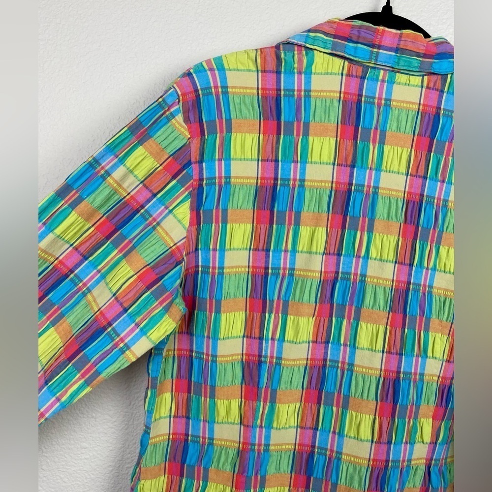 VTG Junior's Medium Roughrider by Circle K Rainbow Plaid Collared Shirt Smocked - Picture 12 of 16